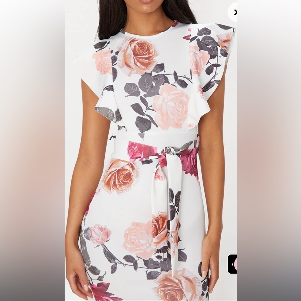 Prettylittlething White Floral Print Frill Detail Midi Dress - Picture 5 of 11